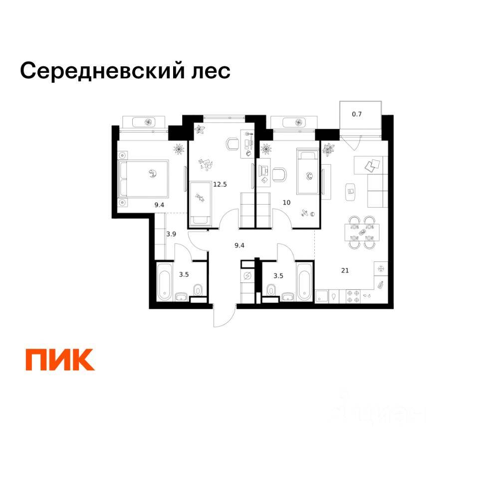3-комн. квартира, 73,9 м², в ЖК Середневский лес