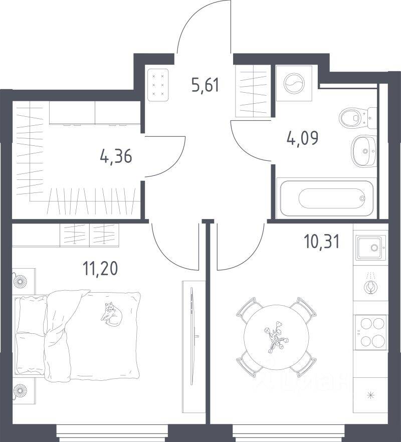 1-комн. квартира, 35,57 м², в ЖК Егорово Парк