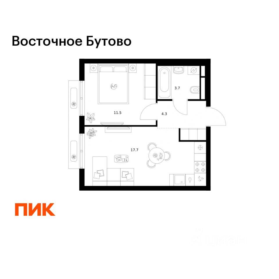 1-комн. квартира, 37,2 м², в ЖК «Восточное Бутово»