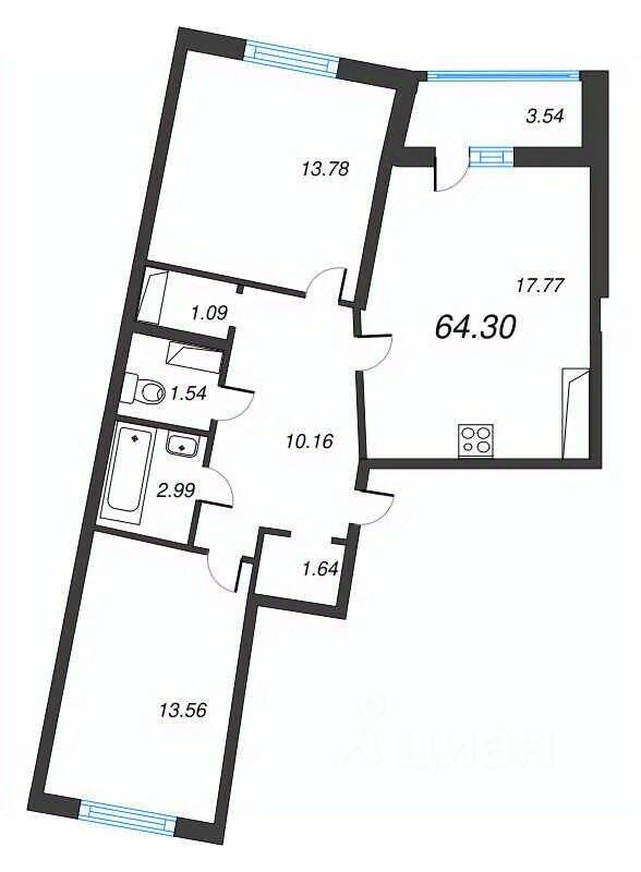 3-комн. квартира, 64,3 м², в ЖК Левитан