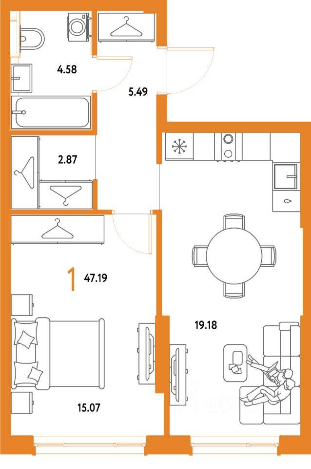 1-комн. квартира, 47,19 м², в ЖК Страна.Парковая