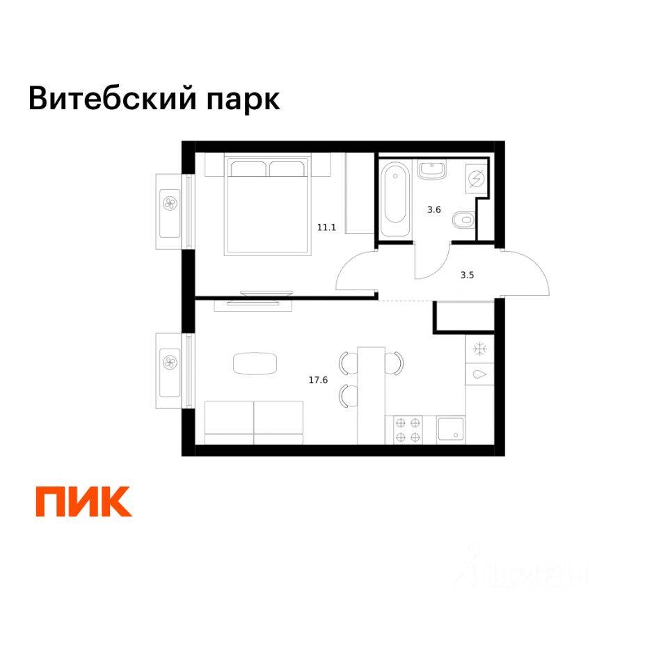 1-комн. квартира, 35,8 м², в ЖК Витебский парк