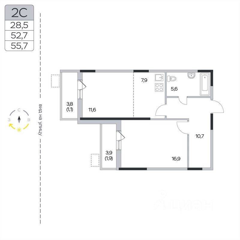 2-комн. квартира, 55,7 м², в ЖК «Пироговская Ривьера»