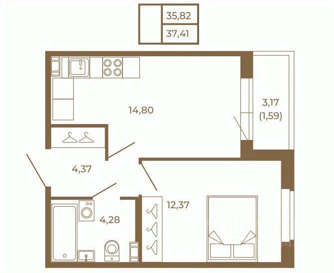 1-комн. квартира, 37,41 м², в Малоэтажный ЖК Новая история