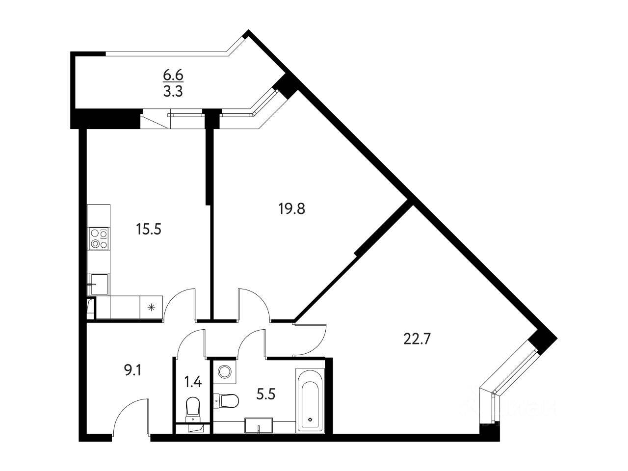 2-комн. квартира, 77,34 м², в ЖК «Солнечный парк»