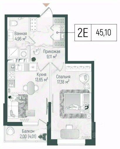 1-комн. квартира, 47,11 м², в ЖК Riga Hills