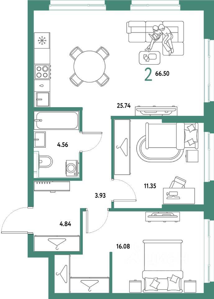 2-комн. квартира, 66,5 м², в ЖК Страна.Парковая
