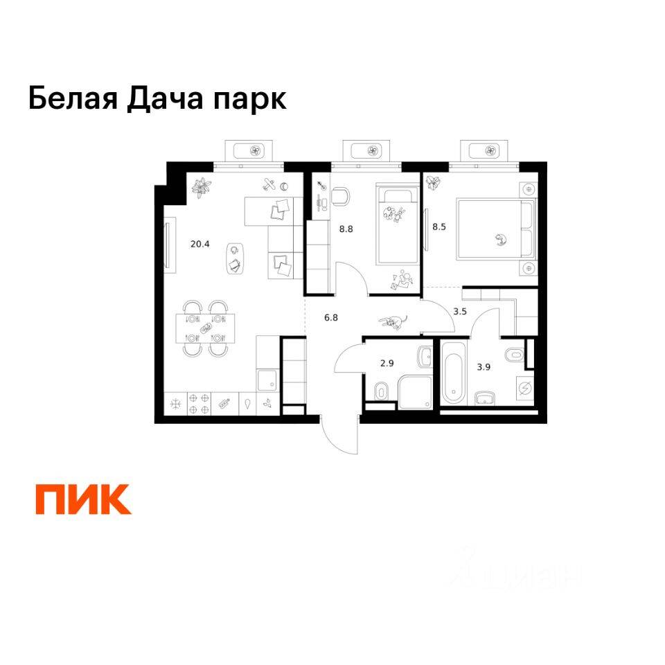 2-комн. квартира, 54,8 м², в ЖК «Белая Дача парк»