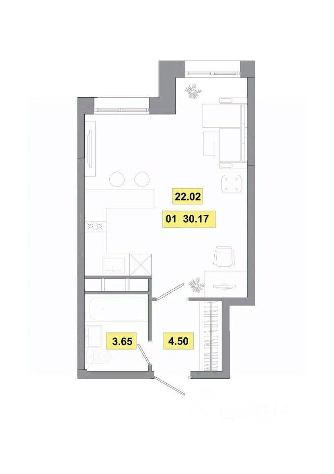 Планировка 1 комнатной квартиры, 30.17 м², в «Радость»