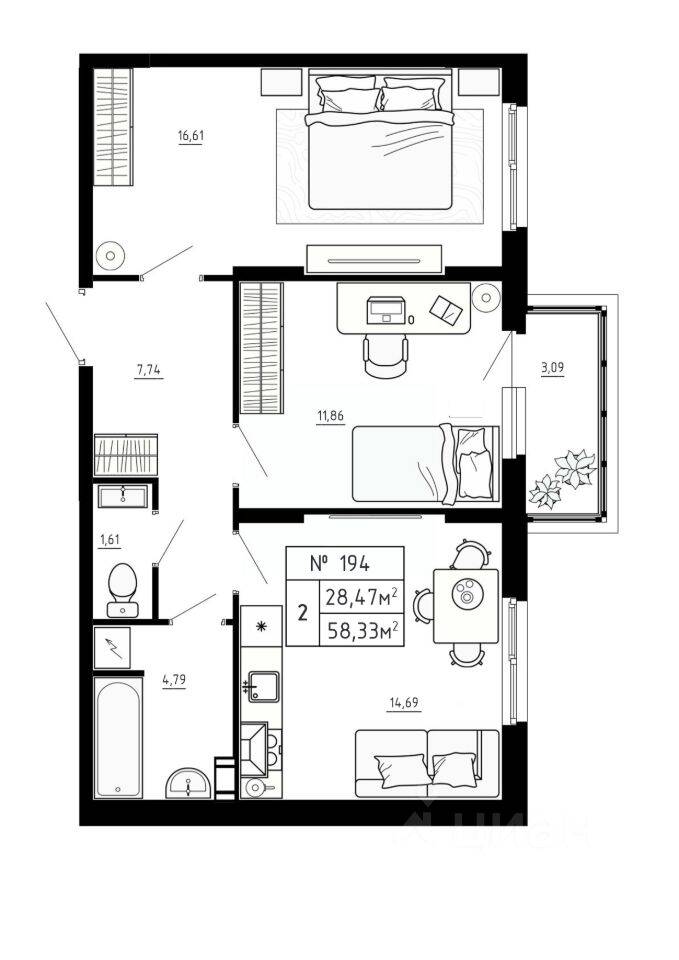 2-комн. квартира, 58,23 м², в Малоэтажный ЖК Аннино Сити
