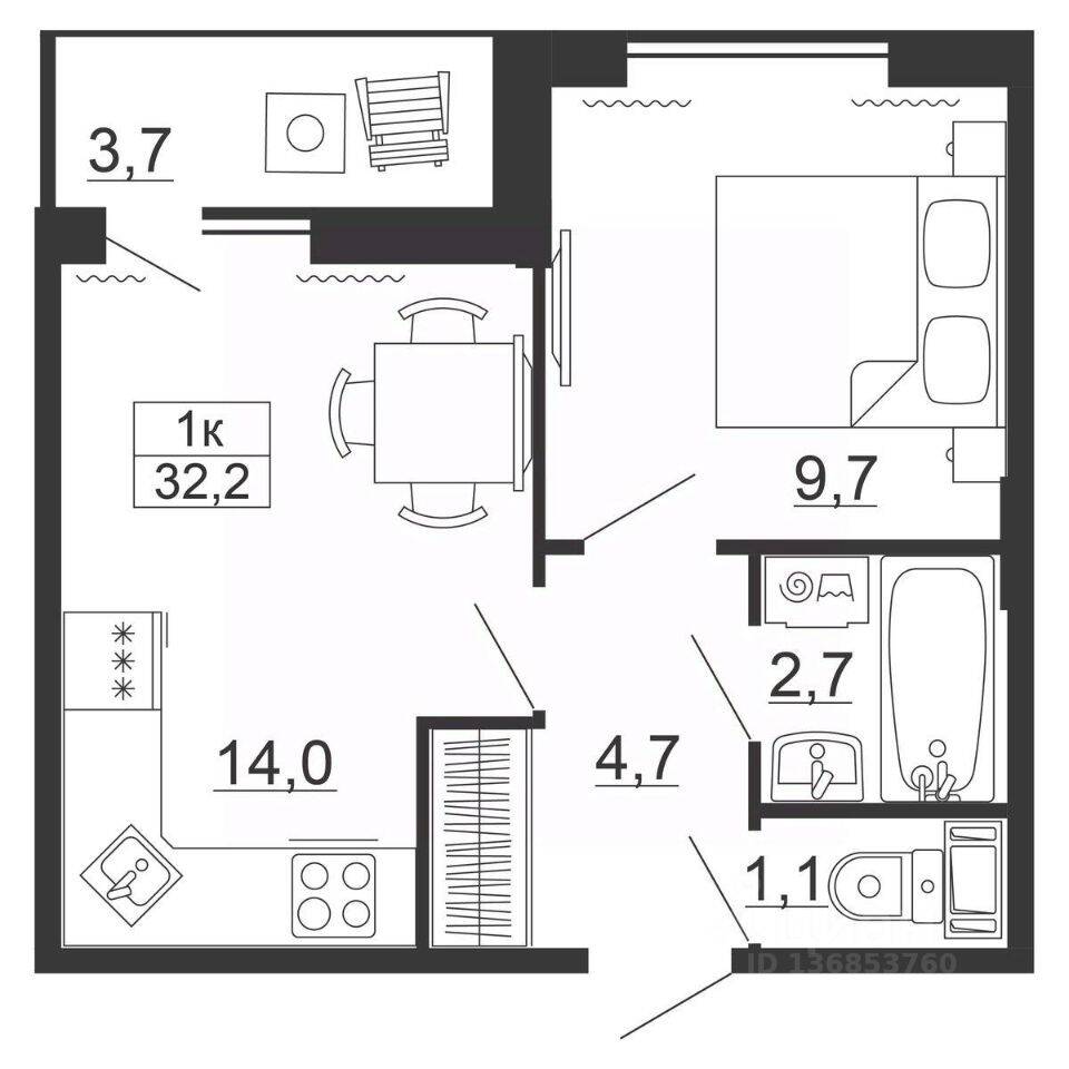 1-комн. квартира, 32,2 м², в ЖК Рубеж