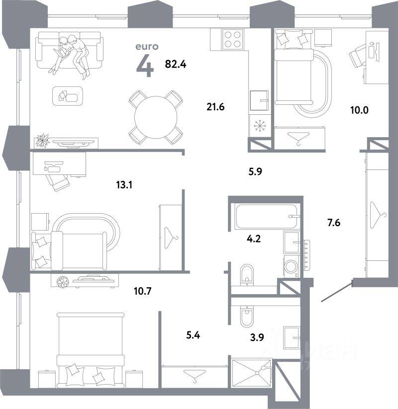 4-комн. квартира, 82,4 м², в ЖК Страна.Заречная
