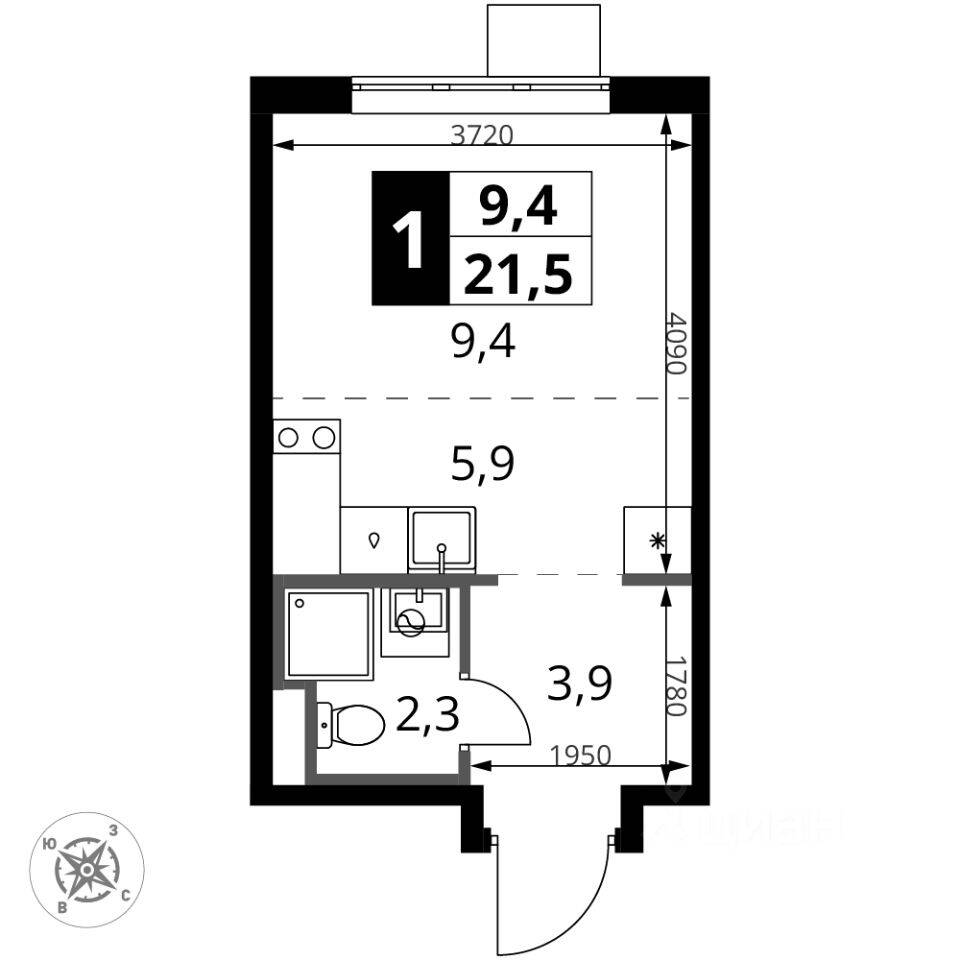 Квартира-студия, 21,5 м², в ЖК 1-й Донской