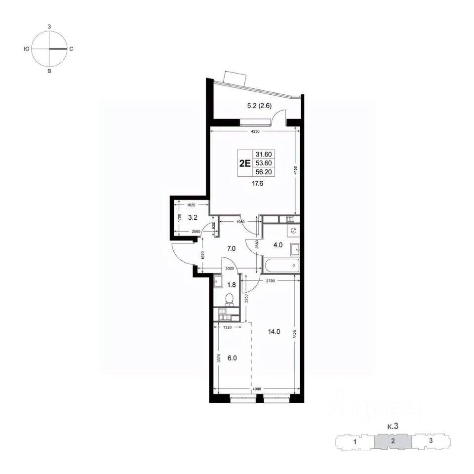2-комн. квартира, 53,6 м², в ЖК «Легенда Коренево»
