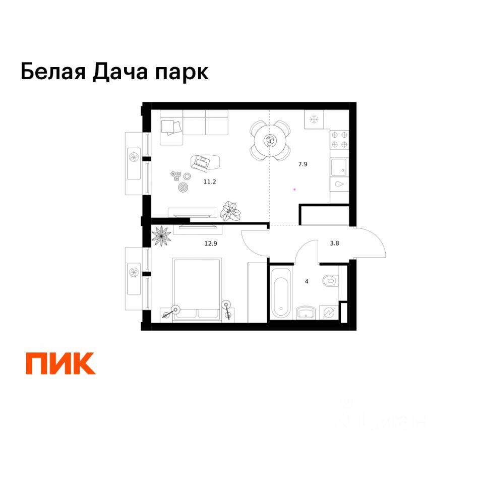 1-комн. квартира, 39,8 м², в ЖК «Белая Дача парк»