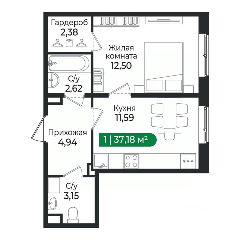 1-комн. квартира, 37,18 м², в ЖК Sertolovo Park