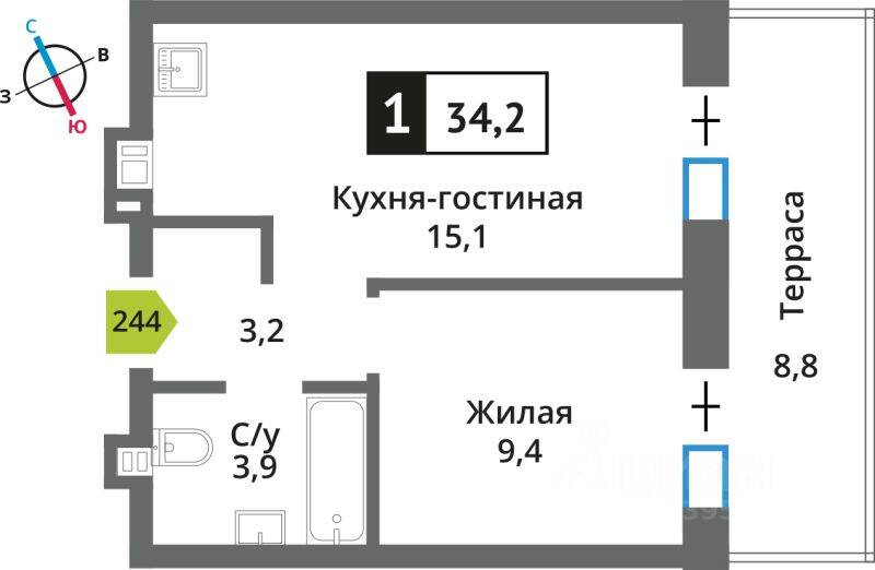 Планировка 1 комнатной квартиры, 34.2 м², в «Никольский квартал Отрада»