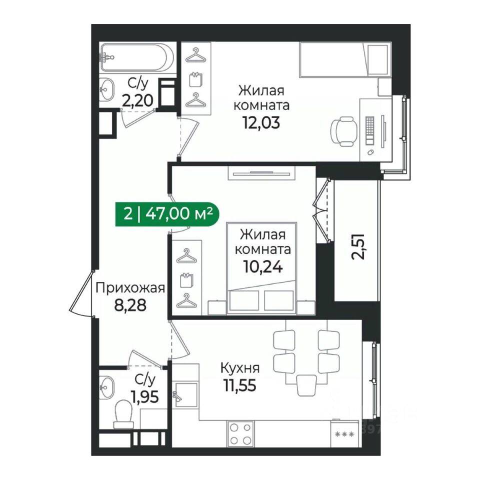 2-комн. квартира, 47 м², в ЖК Sertolovo Park