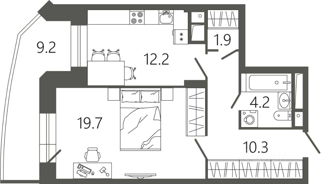 Планировка 1 комнатной квартиры, 51.1 м², в «Советская 18»