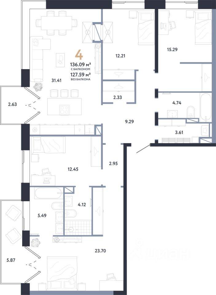 4-комн. квартира, 136,09 м², в ЖК Republic