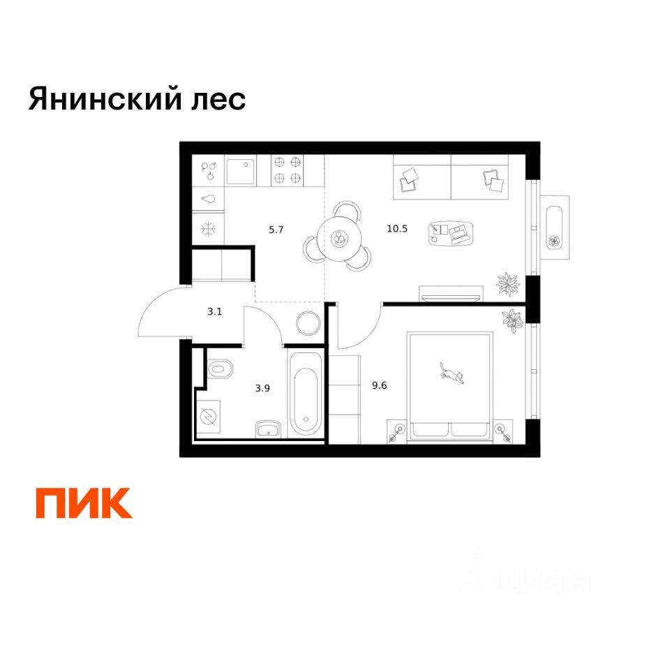 1-комн. квартира, 32,8 м², в ЖК Янинский лес