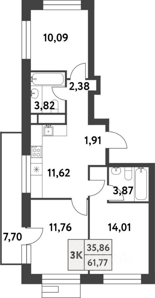 3-комн. квартира, 61,7 м², в ЖК Smart Garden