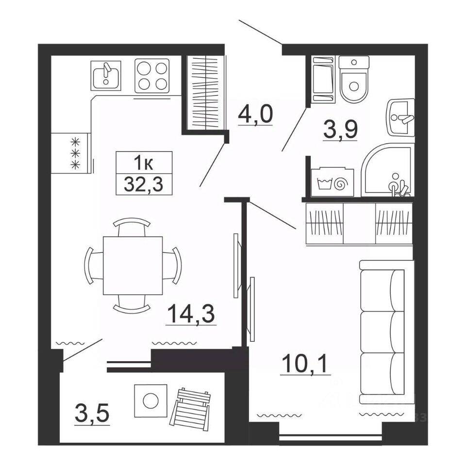 Планировка 1 комнатной квартиры, 32.3 м², в «Рубеж»