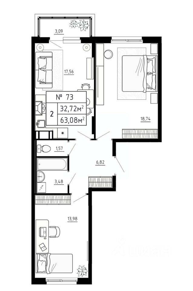 2-комн. квартира, 63,08 м², в Малоэтажный ЖК Аннино Сити