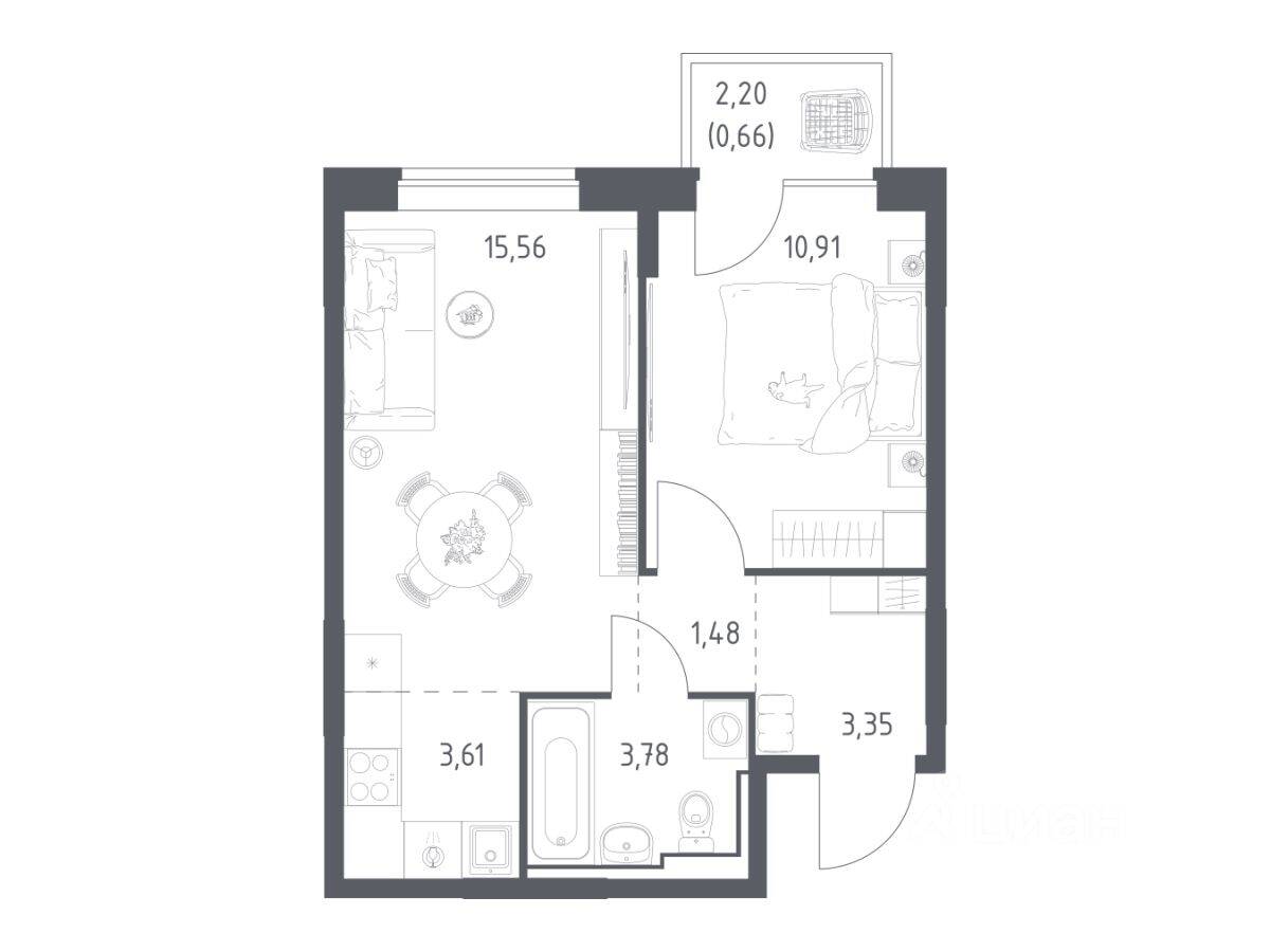 1-комн. квартира, 39,35 м², в ЖК Богдановский Лес