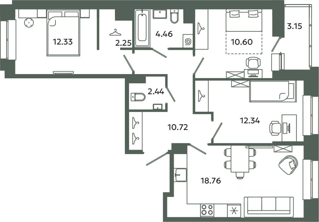 3-комн. квартира, 73,9 м², в ЖК Загляденье