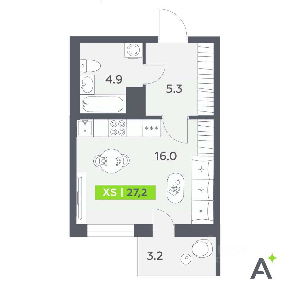 Планировка 1 комнатной квартиры, 27.2 м², в «Аквилон All in 3.0»
