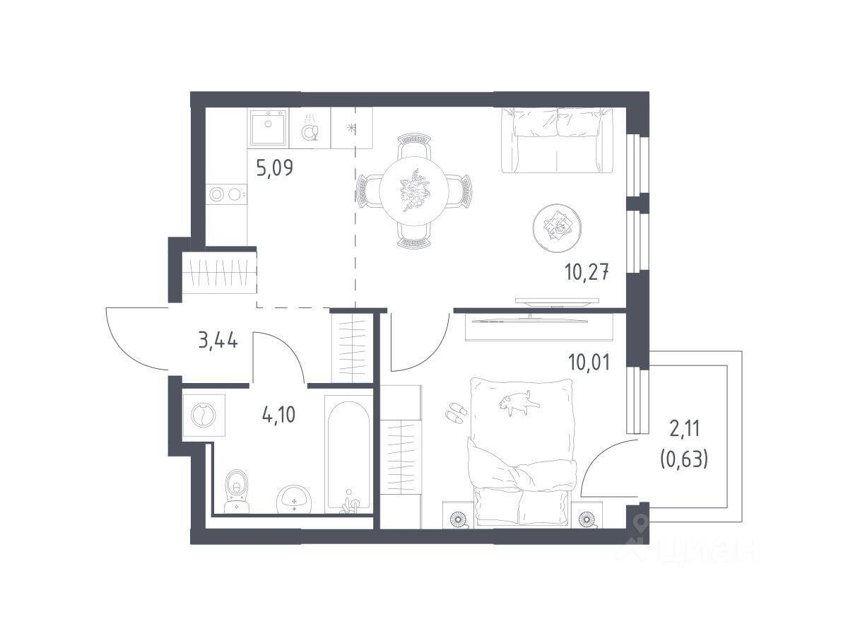 1-комн. квартира, 33,54 м², в ЖК «Пригород Лесное»