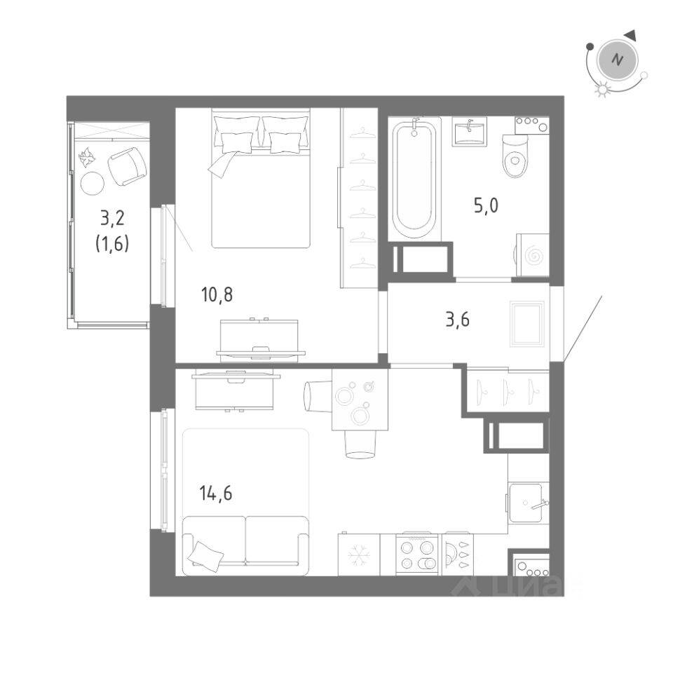 1-комн. квартира, 35,6 м², в ЖК Клюква.Парк