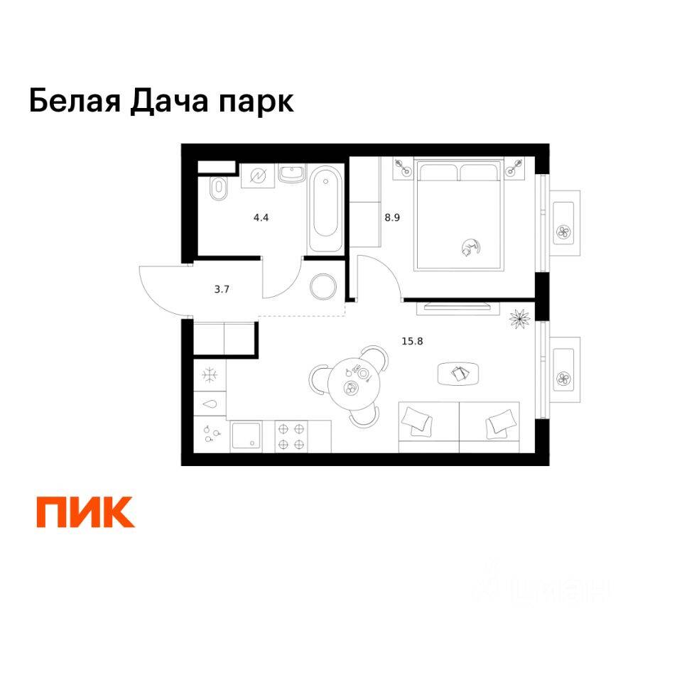 1-комн. квартира, 32,8 м², в ЖК «Белая Дача парк»