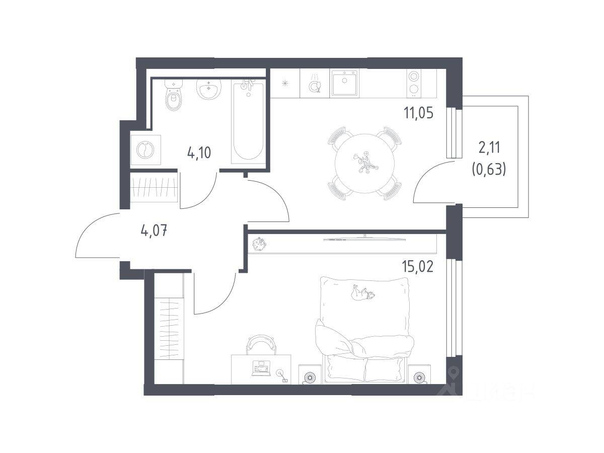 1-комн. квартира, 34,87 м², в ЖК «Пригород Лесное»