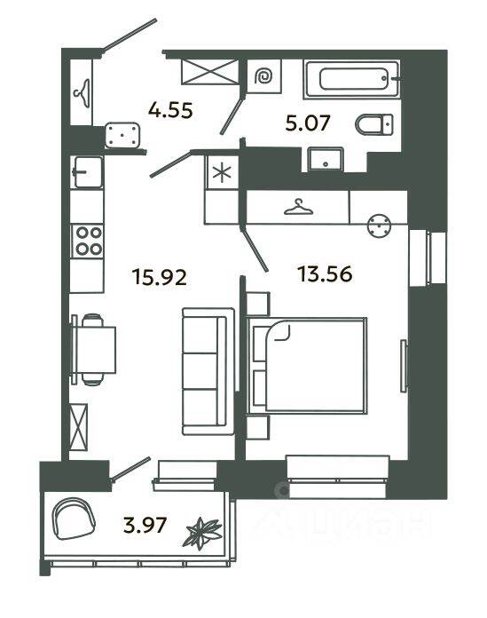 1-комн. квартира, 39,1 м², в ЖК Загляденье