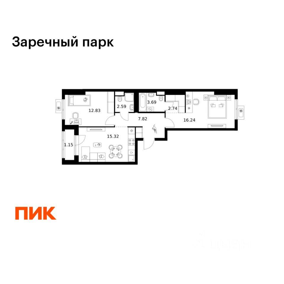 2-комн. квартира, 62,38 м², в ЖК Заречный парк