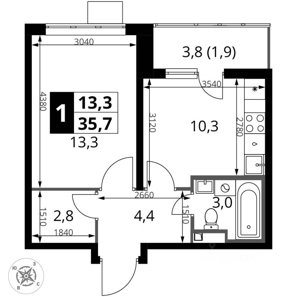 1-комн. квартира, 35,7 м², в ЖК 1-й Донской