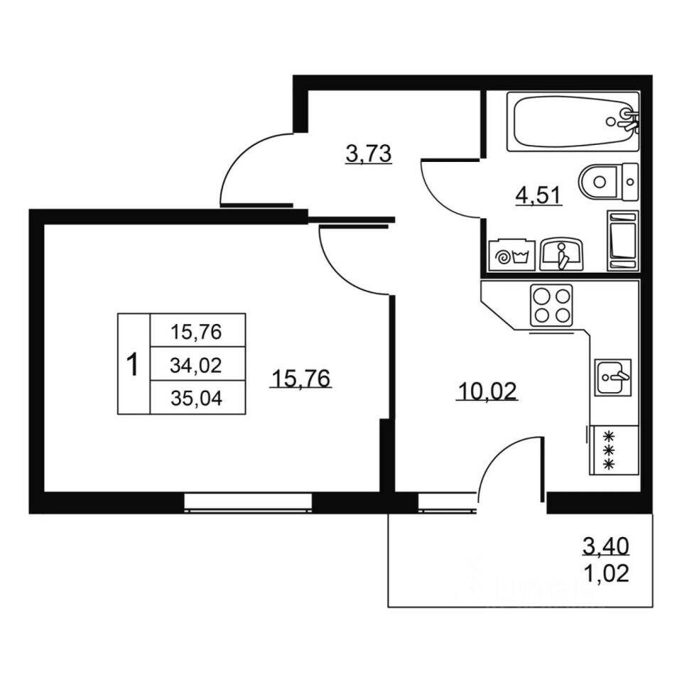1-комн. квартира, 35,04 м², в ЖК Перспектива