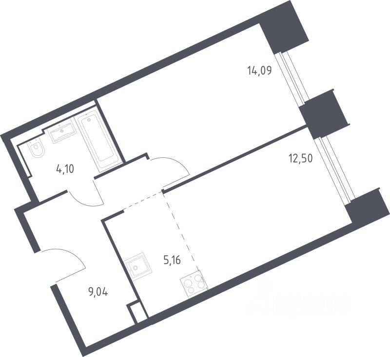 Планировка 1 комнатной квартиры, 44.89 м², в «Sky Sputnik»