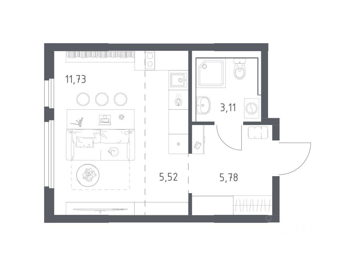 Планировка 1 комнатной квартиры, 26.14 м², в «Пригород Лесное»