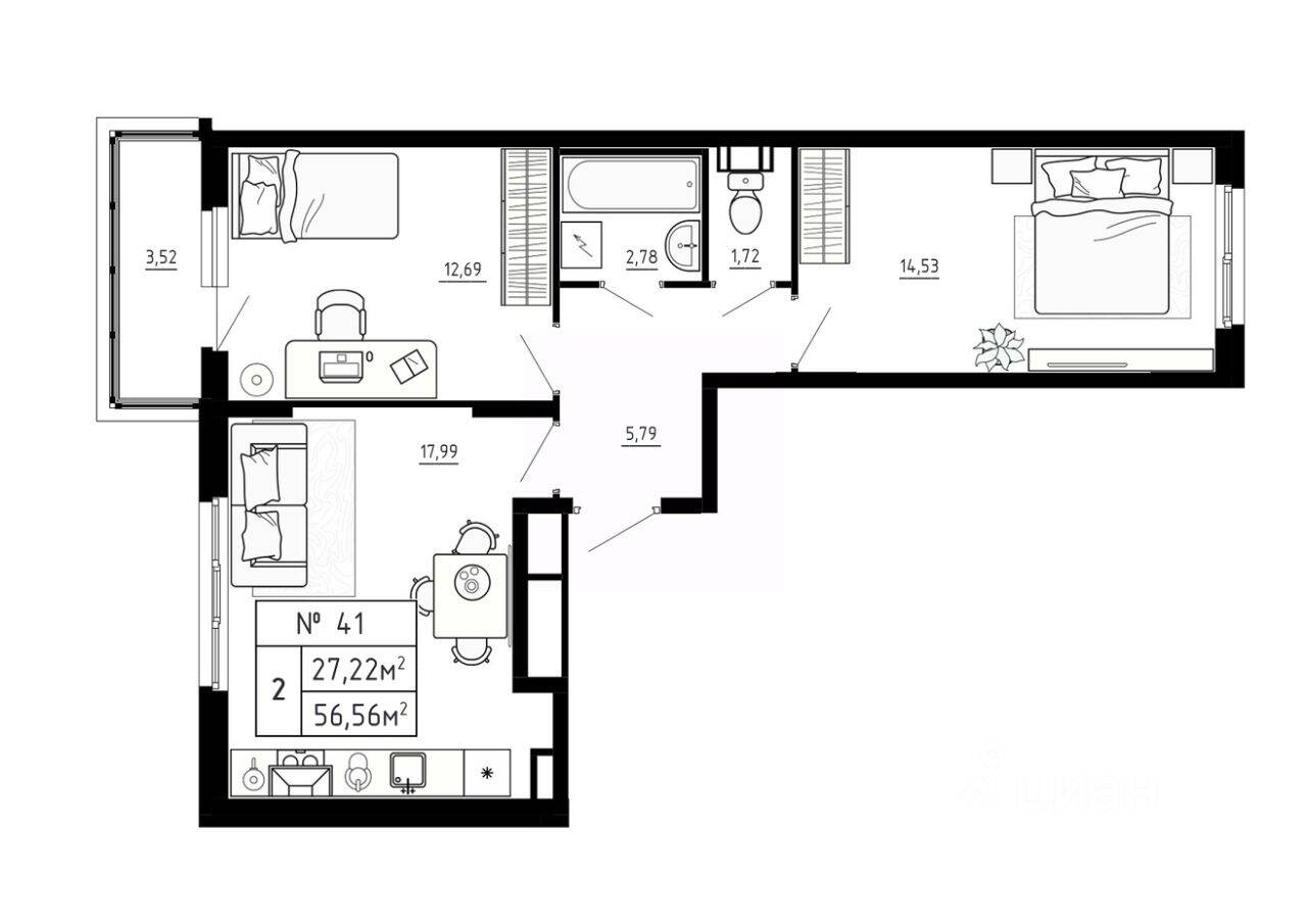 2-комн. квартира, 56,56 м², в Малоэтажный ЖК Аннино Сити