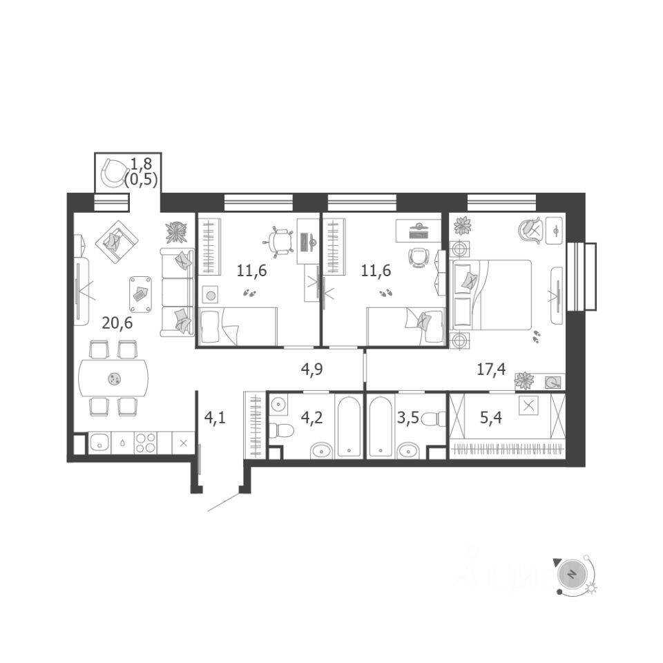 3-комн. квартира, 84,3 м², в ЖК Жилой квартал Shagal