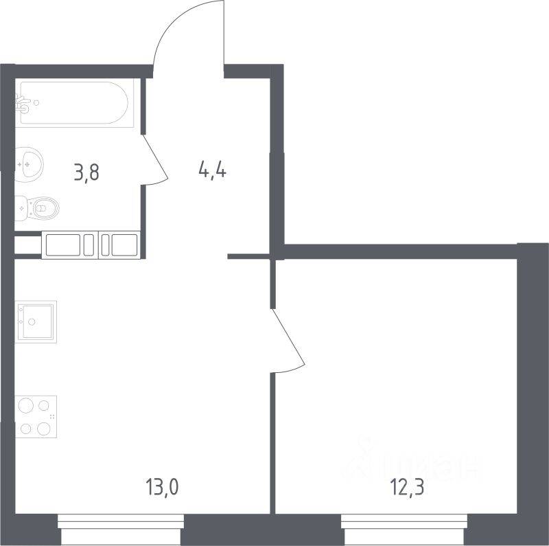 Планировка 1 комнатной квартиры, 33.6 м², в «Ольховый Квартал»
