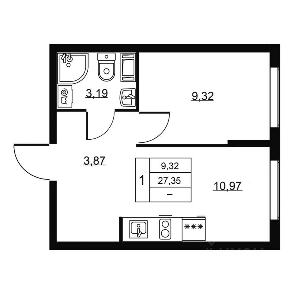 1-комн. квартира, 27,35 м², в ЖК Перспектива