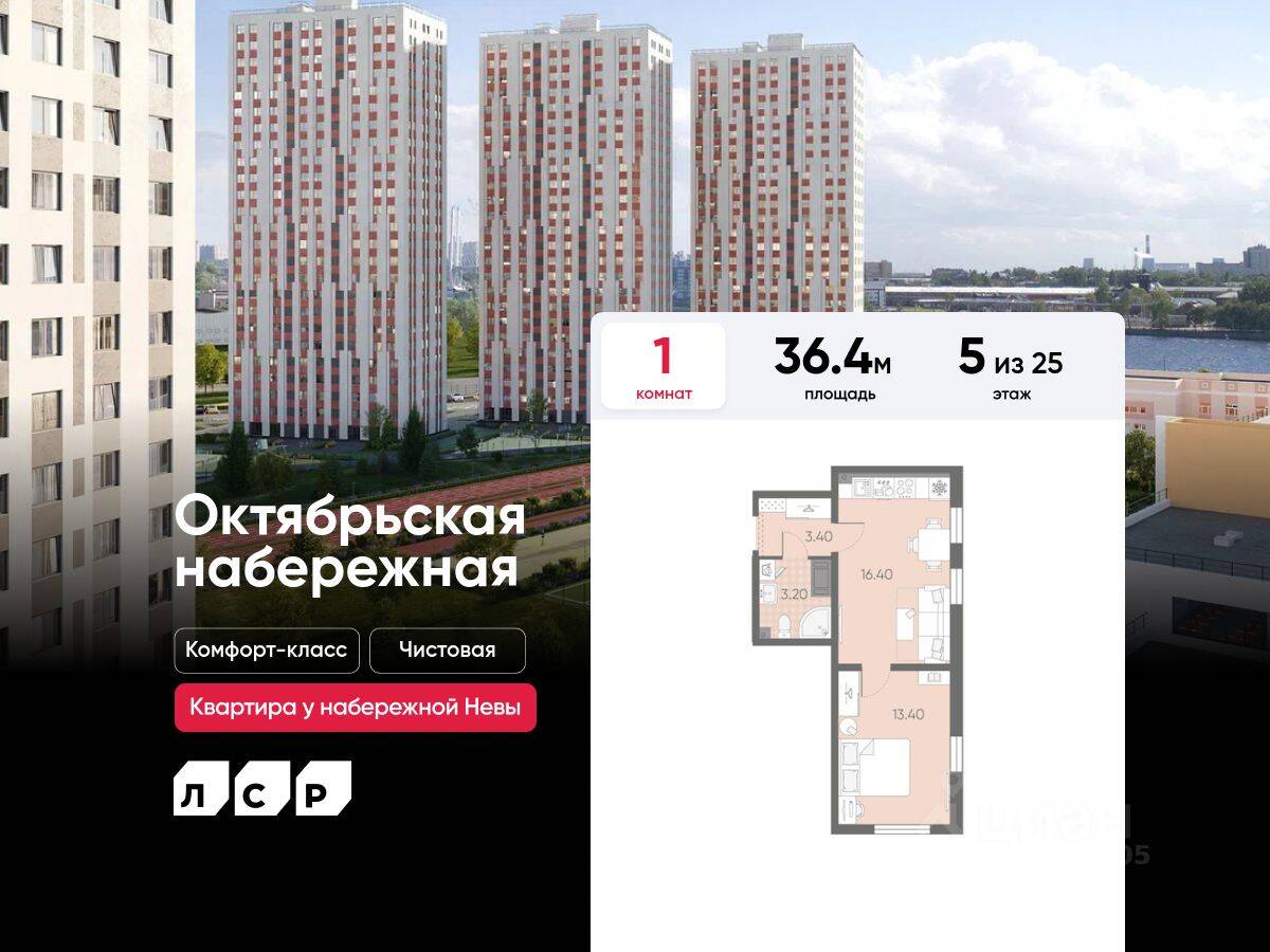 Планировка 1 комнатной квартиры, 36.4 м², в «Октябрьская набережная»