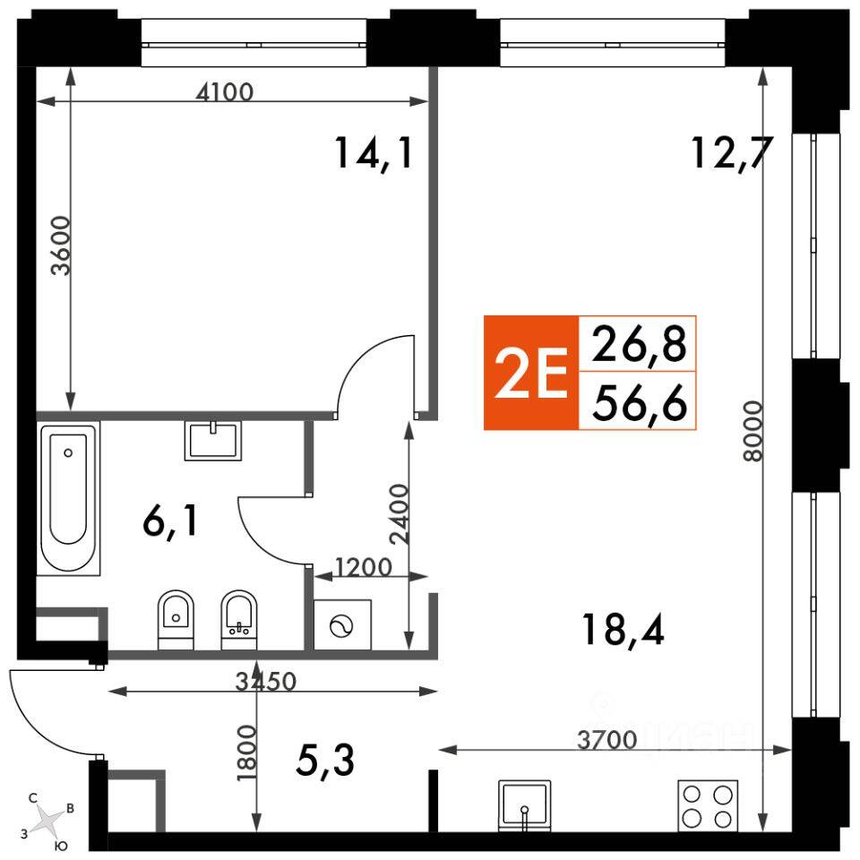 2-комн. квартира, 58,4 м², в ЖК Sydney City