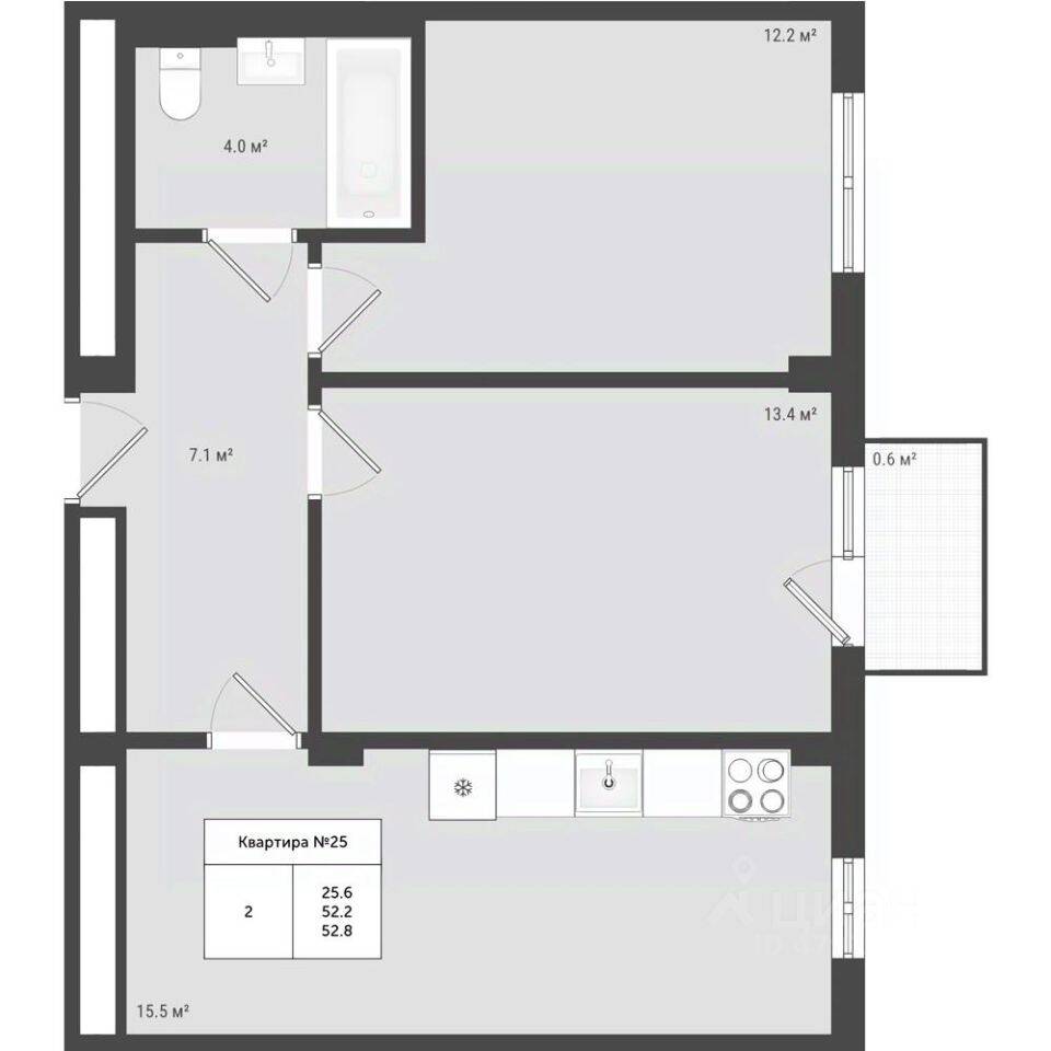 Планировка 2 комнатной квартиры, 52.8 м², в «Яковлево»