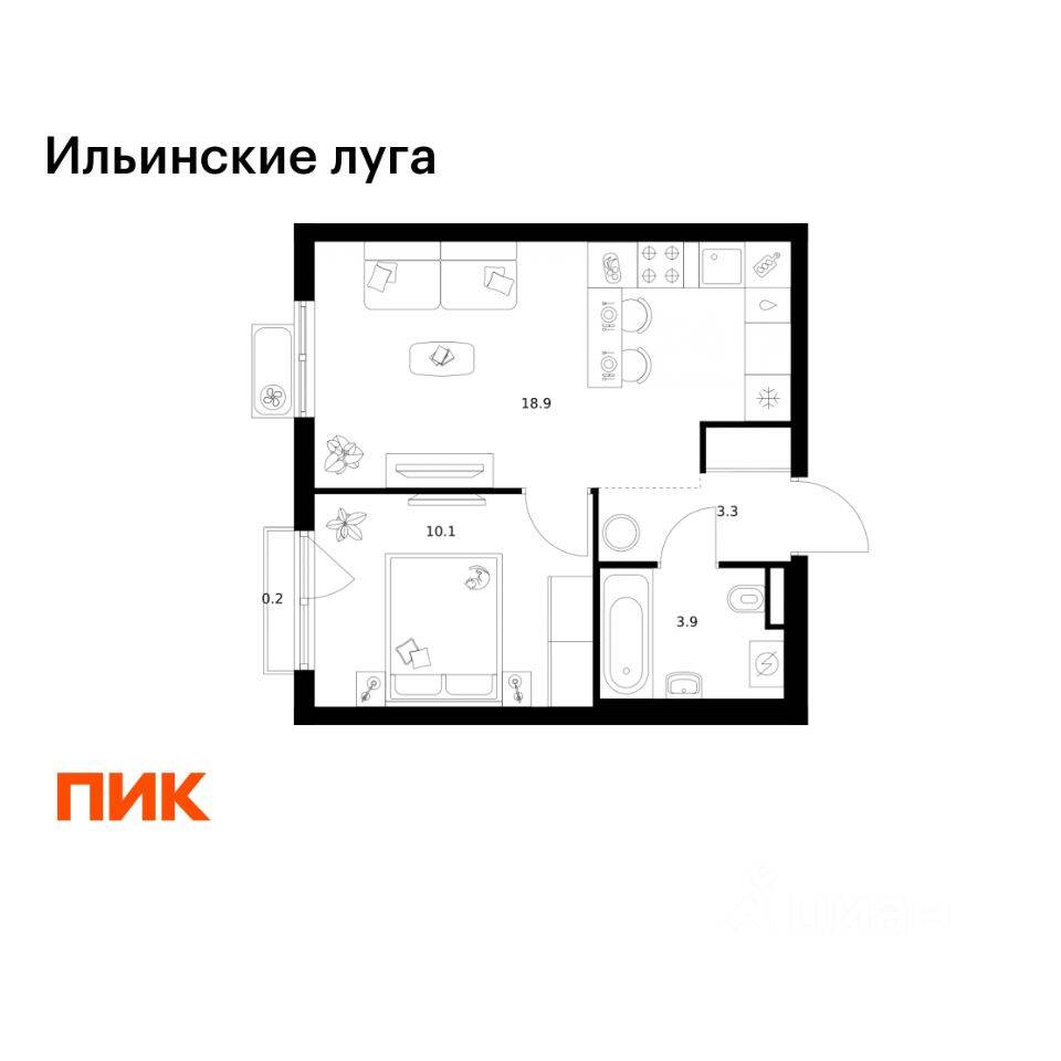 1-комн. квартира, 36,4 м², в ЖК «Ильинские луга»