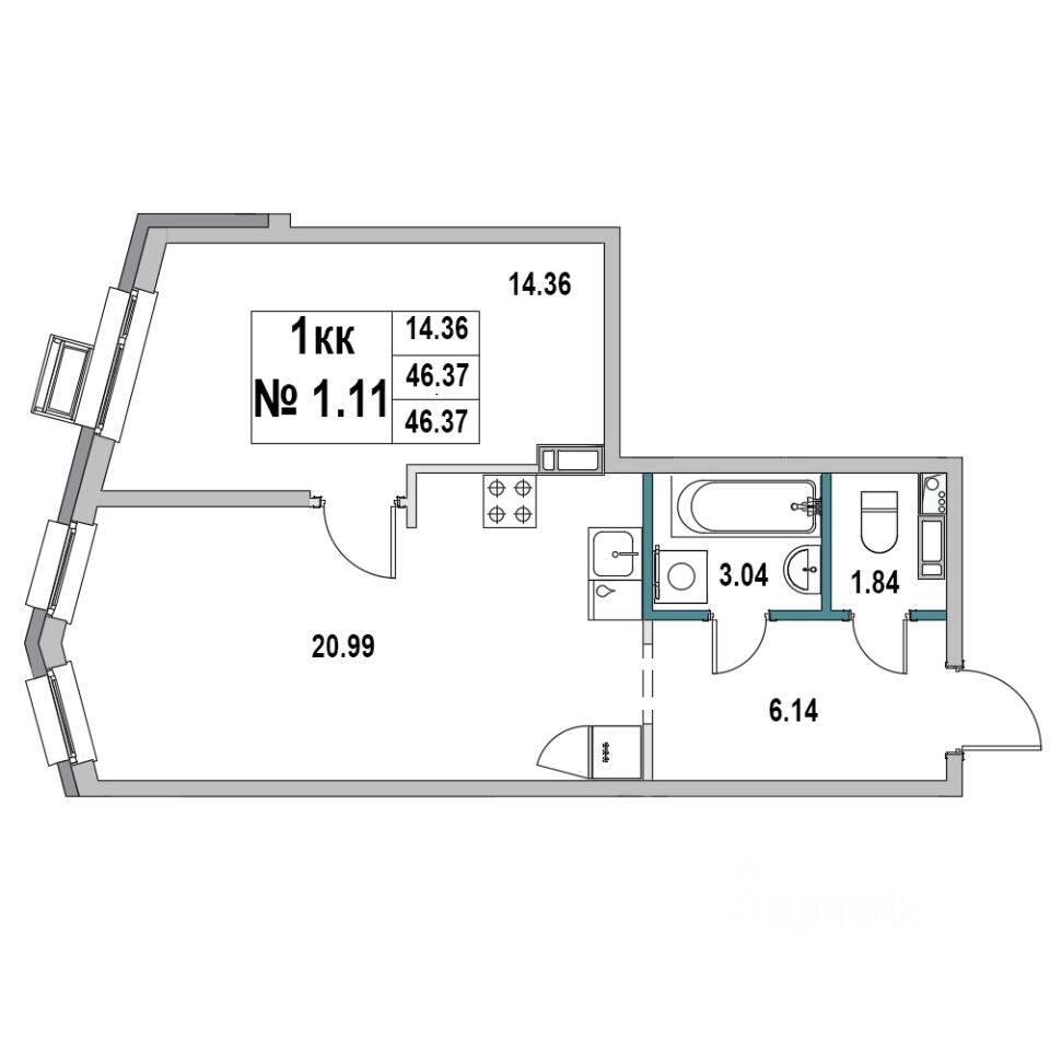 1-комн. квартира, 46,37 м², в ЖК «Новый город» (Выборг)